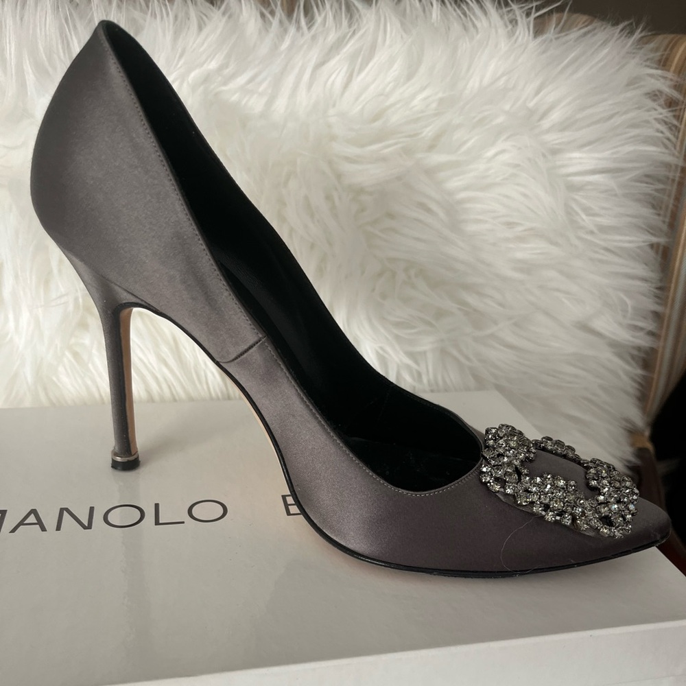 Manolo Blahnik Hangisi Satin 520 Grey Heels with Crystal Detail